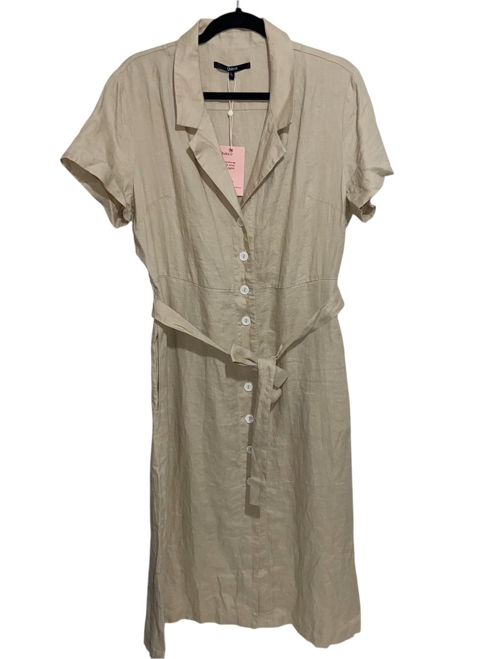 Quince Shirt Dress Womens Large Organic Linen Tan Button Belt Midi Pockets New